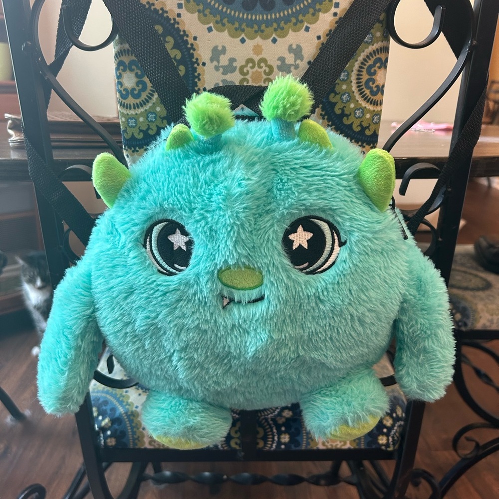 Fiesta Monster Backpack EUC Plush Toy Adjustable Straps Teal And Green